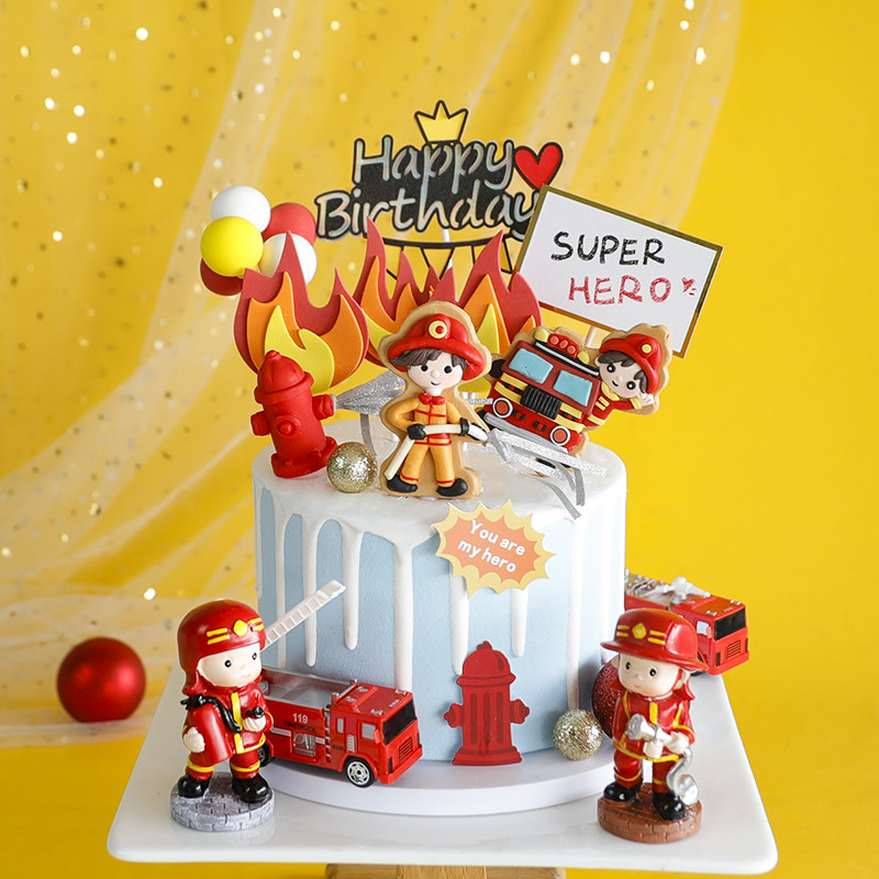 烘焙蛋糕装饰消防员救火车消防栓软陶插件eva火粘土气球插牌插件
