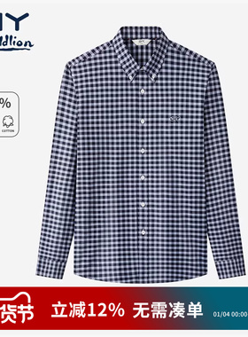 金利来GY时尚休闲纯棉长袖衫蓝色格子衬衣男2025秋miu系穿搭衬衣