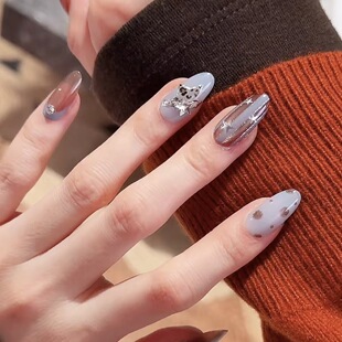 【晨曦】全华钻设计款清爽蓝色系美甲早春爆闪冰感蓝杏仁穿戴甲
