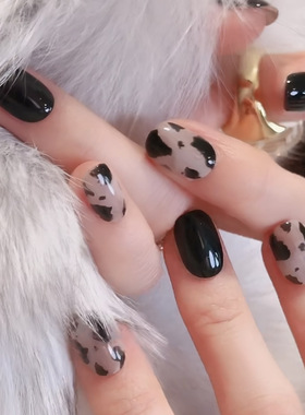 【黑松露】秋冬奶牛纹豹纹晕染黑色系纯色美甲ins显白短甲穿戴甲