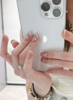 【花绣】春日花花设计师款全华钻纯欲裸粉色穿戴甲美甲穿戴指甲贴