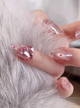 【嗲妹】全华钻超嗲粉色波点法式杏仁美甲纯欲极光猫眼穿戴甲春夏