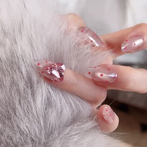 【嗲妹】全华钻超嗲粉色波点法式杏仁美甲纯欲极光猫眼穿戴甲春夏