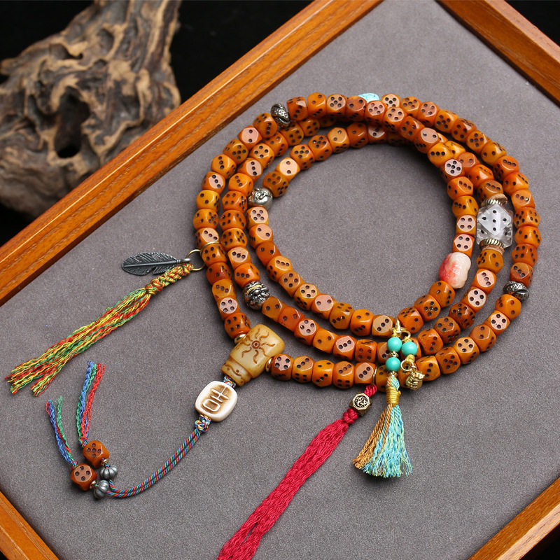 西藏传回流老料牦牛骨雕刻骰子108颗佛珠念珠男女毛衣链文玩饰品