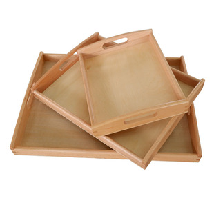 蒙氏榉木托盘玩具宝宝日常生活辅助用具蒙台梭利木质手柄收纳盘