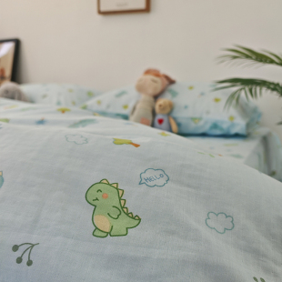 萌萌龙A类可爱蓝色小恐龙双层纱柔软纯棉卡通被套床单单件可定做