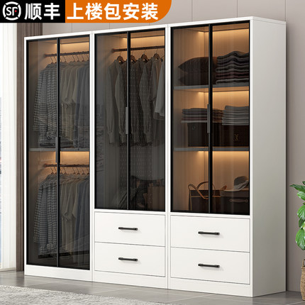 衣柜家用卧室现代简约玻璃门储物柜子出租房经济型实木定制大衣橱