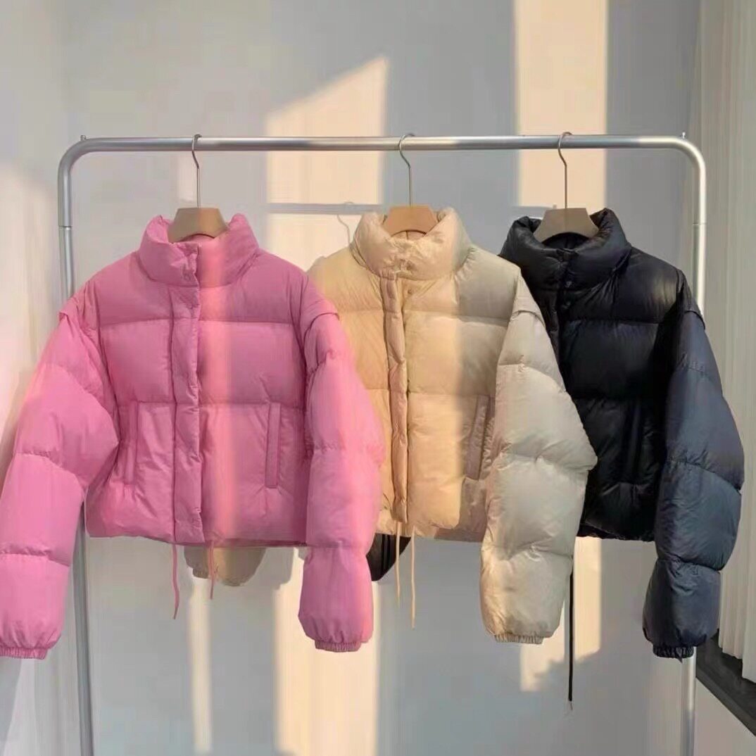 女士韩国单可拆卸袖子羽绒服立领