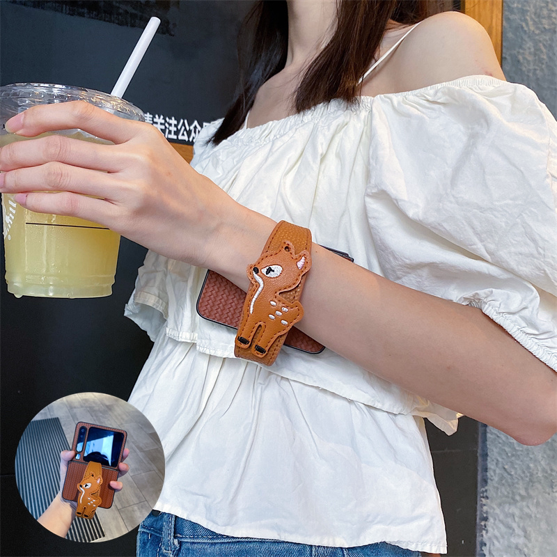 卡通小鹿手腕带适用小米mixflip2手机壳三星zflip7小折叠屏6/5防摔w26新款OPPOfindn3/2flip编织纹硬壳vivox