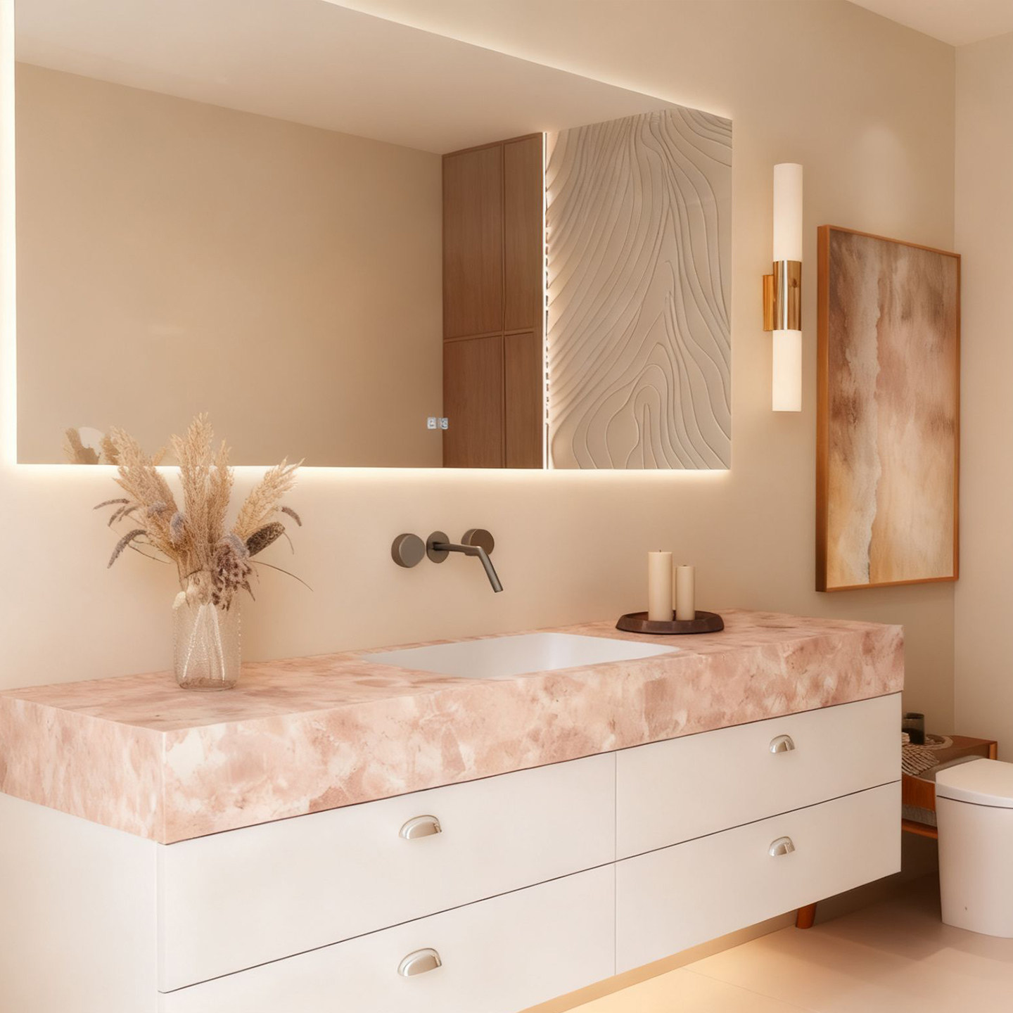 水磨石粉浴室柜组合岩板陶瓷无缝一体盆卫生间洗手台奶油风洗脸盆,家装主材,浴室柜组合,淘宝优惠券,粉丝福利购,淘宝优惠卷