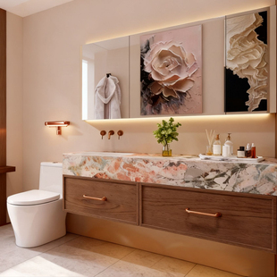 四季粉绿岩板无缝一体盆浴室柜组合卫生间洗漱台千年舟洗手台定制