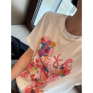 上衣 立体重工刺绣印花短袖 t恤女夏季 薄款 宽松百搭显瘦正肩打底衫