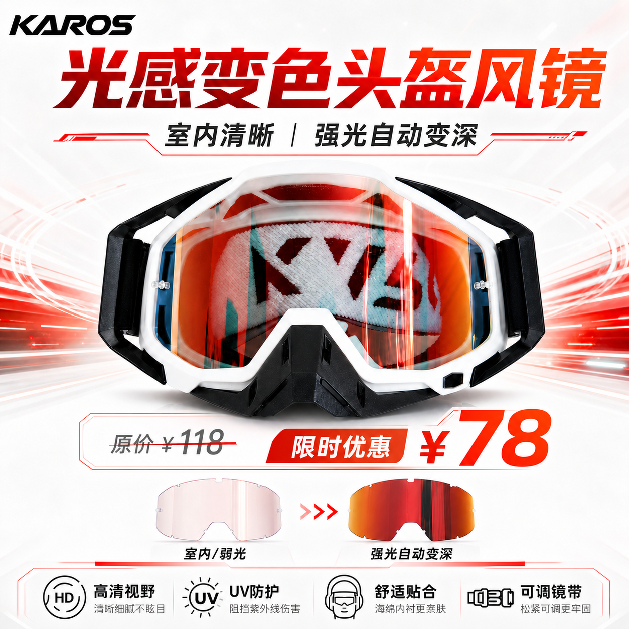 KAROS光致变色头盔风镜 官方正品 越野摩托车骑行防风防尘护目镜
