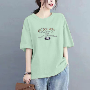 韩版 新款 女士糖果色印花字母宽松显瘦洋气上衣潮t T恤夏季 纯棉短袖
