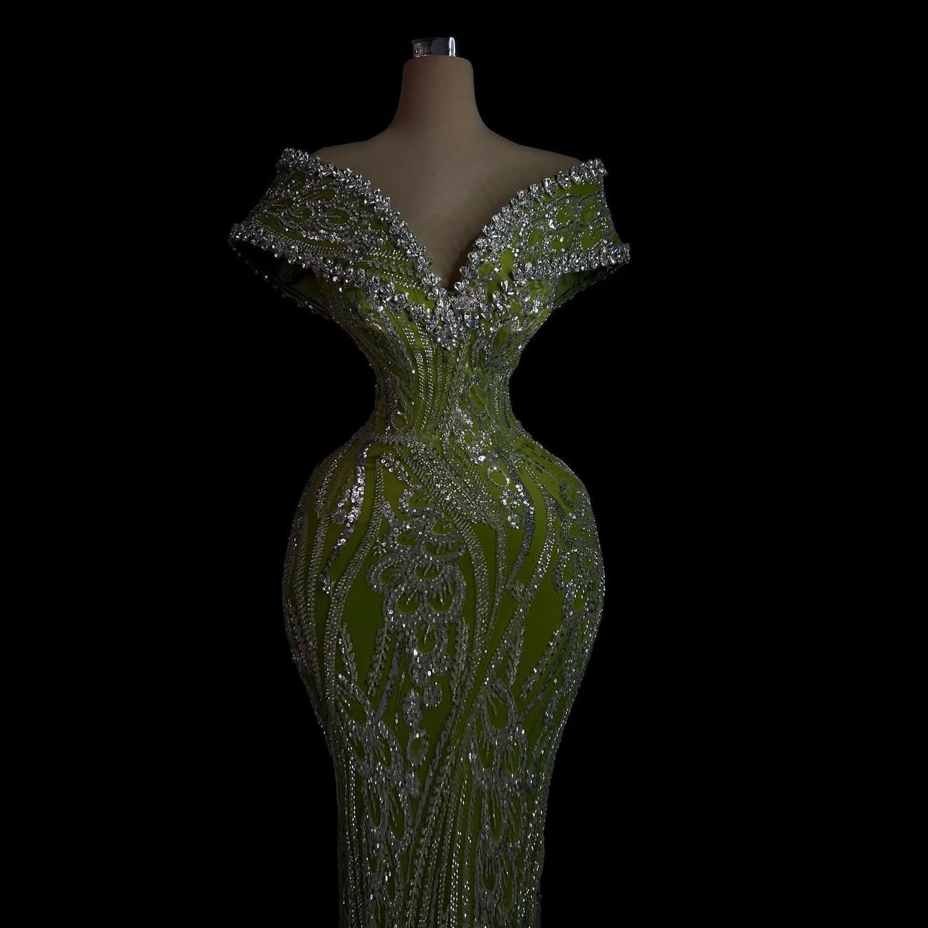 dress欧美新款绿色一字肩珠绣长裙年会晚宴活动生日主持写真礼服