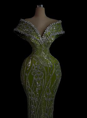 dress欧美新款绿色一字肩珠绣长裙年会晚宴活动生日主持写真礼服
