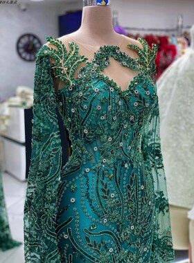 dress新款高定绿色长袖亮片连衣裙聚会主持人年会红毯走秀轻礼服