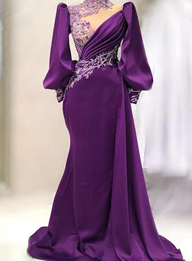 dress紫色气质灯笼长袖修身缎面闪钻长裙年会晚宴独奏红毯晚礼服
