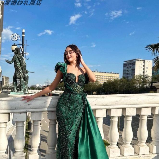 高级定制绿色气场女王单肩绿色珠绣长裙dress年会红毯晚宴晚礼服