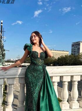 高级定制绿色气场女王单肩绿色珠绣长裙dress年会红毯晚宴晚礼服