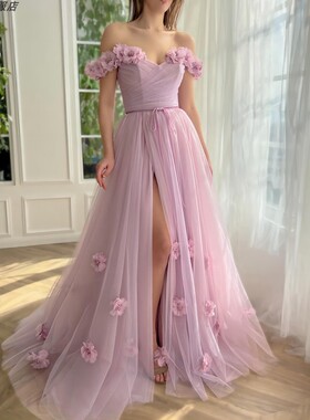 dress一字肩优雅紫色开叉花朵长裙生日派对走秀年会颁奖旅拍礼服