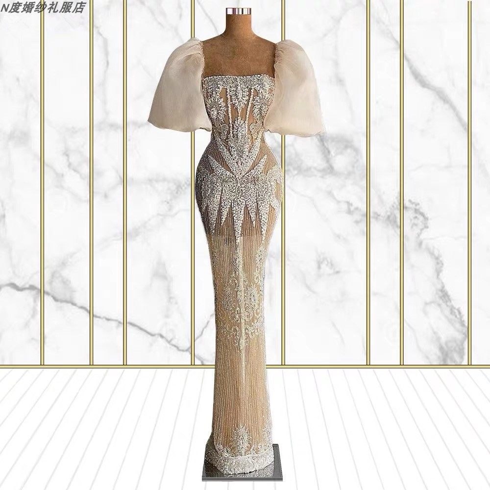 高端定制复古公主泡泡袖透视礼服