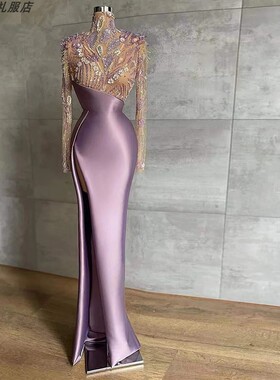 Dress高端定制 复古紫色立领长袖长裙舞台演出艺考走秀生日礼服