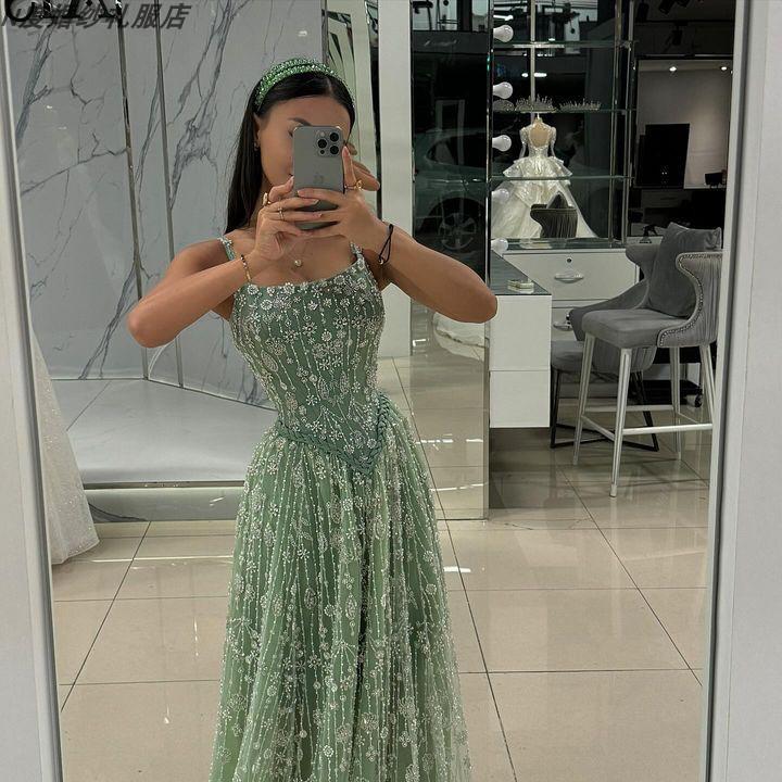 dress高端定制欧美优雅吊带绿色珠绣长裙年会晚宴派对舞会轻礼服