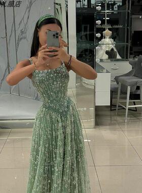 dress高端定制欧美优雅吊带绿色珠绣长裙年会晚宴派对舞会轻礼服