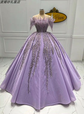 dress紫色时尚一字肩优雅蓬蓬公主裙派对钢琴演出独唱艺考晚礼服
