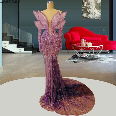Evening dress欧美一字肩紫色透视长款晚装走秀年会名媛车展礼服