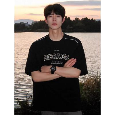美式短袖T恤男款夏季黑色重磅纯棉正肩半袖男生上衣宽松潮牌衣服