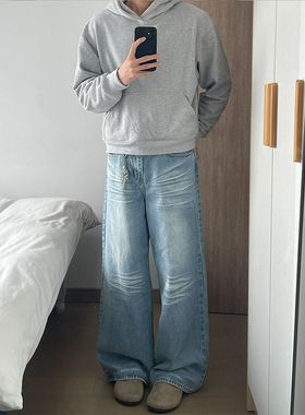 BLANKIN凌乱猫须baggy冰蓝水洗牛仔裤男2025春季宽松阔腿长裤子潮