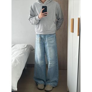 BLANKIN凌乱猫须baggy冰蓝水洗牛仔裤男2025春季宽松阔腿长裤子潮