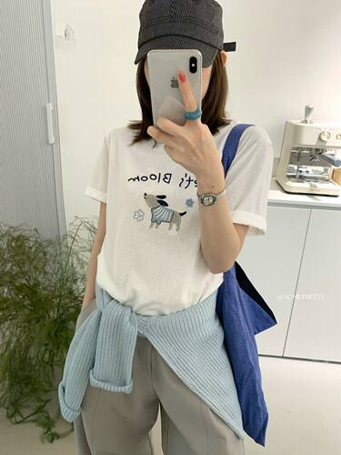 ACME PRETTY韩系狗狗卡通印花T恤女短袖圆领宽松显瘦百搭上衣W566
