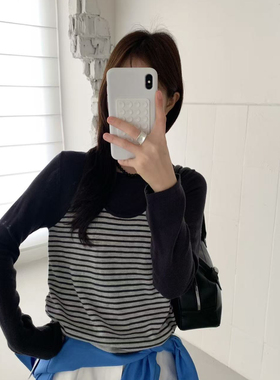 ULOUR/U粒-26年早春条纹挂脖设计打底拼接假两件针织衫Z3902