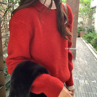 韩感翻领氛围宽松松弛坑条套头保暖毛衣25210 诞仪式 STUDIO MZI