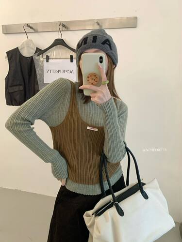 ACME PRETTY韩系气质修身显身针织衫女秋坑条撞色假两件上衣8789