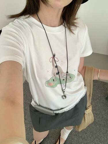 ACME PRETTY韩系软萌猫咪印花短袖T恤蕾丝花边下摆修身显瘦上衣