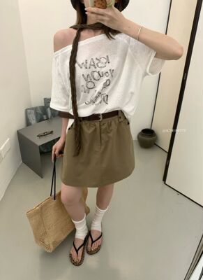 ACME PRETTY韩版夏时尚设计感斜领露肩短袖T恤女宽松休闲上衣W721