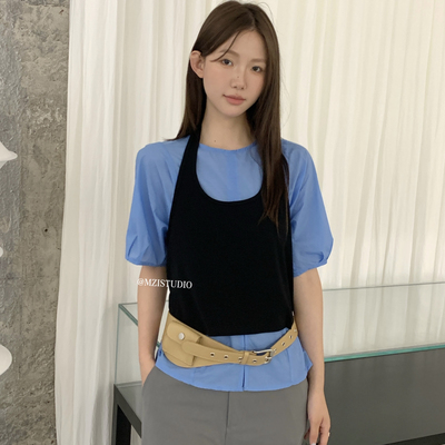 MZI STUDIO-织挂脖简约背心+泡泡袖后背拉链亮色小衫套装157318#