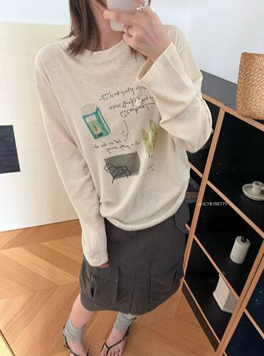 ACME PRETTY韩版百搭趣味卡通印花圆领长袖T恤女宽松防晒上衣w663