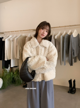 IMISS韩版冬季百搭时尚气质米白甜美毛茸茸短外套开衫上衣女70835