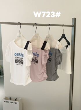 ACME PRETTY设计感拼接斜肩短袖T恤女夏修身显瘦字母露肩上衣723