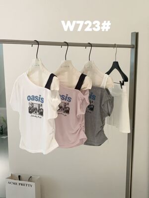 ACME PRETTY设计感拼接斜肩短袖T恤女夏修身显瘦字母露肩上衣723
