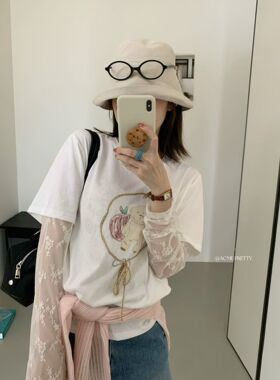 ACME PRETTY韩版夏季百搭小熊玩偶拼蕾丝袖假两件T恤防晒上衣W337