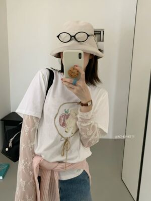 ACME PRETTY韩版夏季百搭小熊玩偶拼蕾丝袖假两件T恤防晒上衣W337