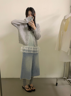 LOVELY韩系百搭宽松叠穿圆领小清新花边拼接针织开衫上衣2937