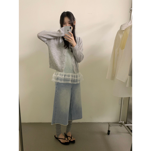 LOVELY韩系百搭宽松叠穿圆领小清新花边拼接针织开衫上衣2937