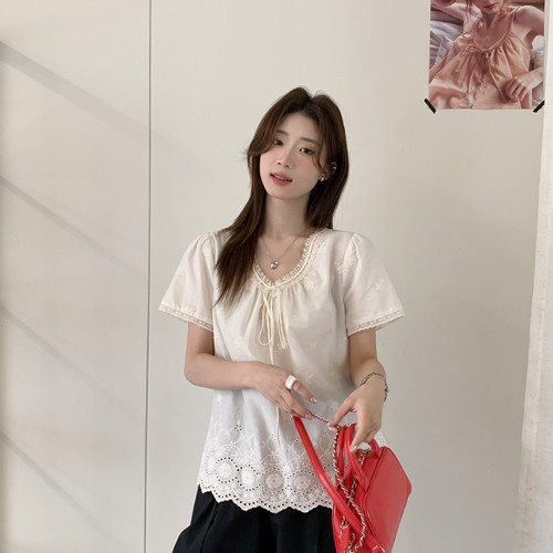 SUSAN-夏上新淡系美女～夏季韩系气质刺绣通勤小衫D026H